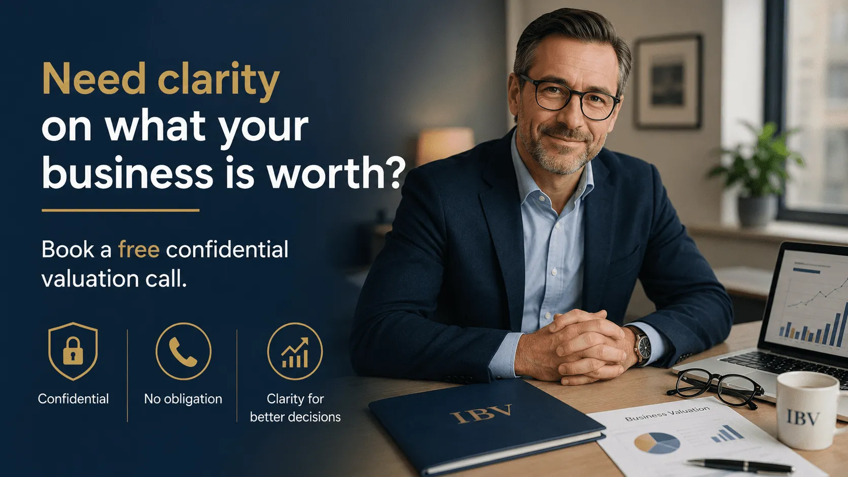 An IBV valuer at his desk with a branded folder and valuation report, inviting you to book a free confidential call