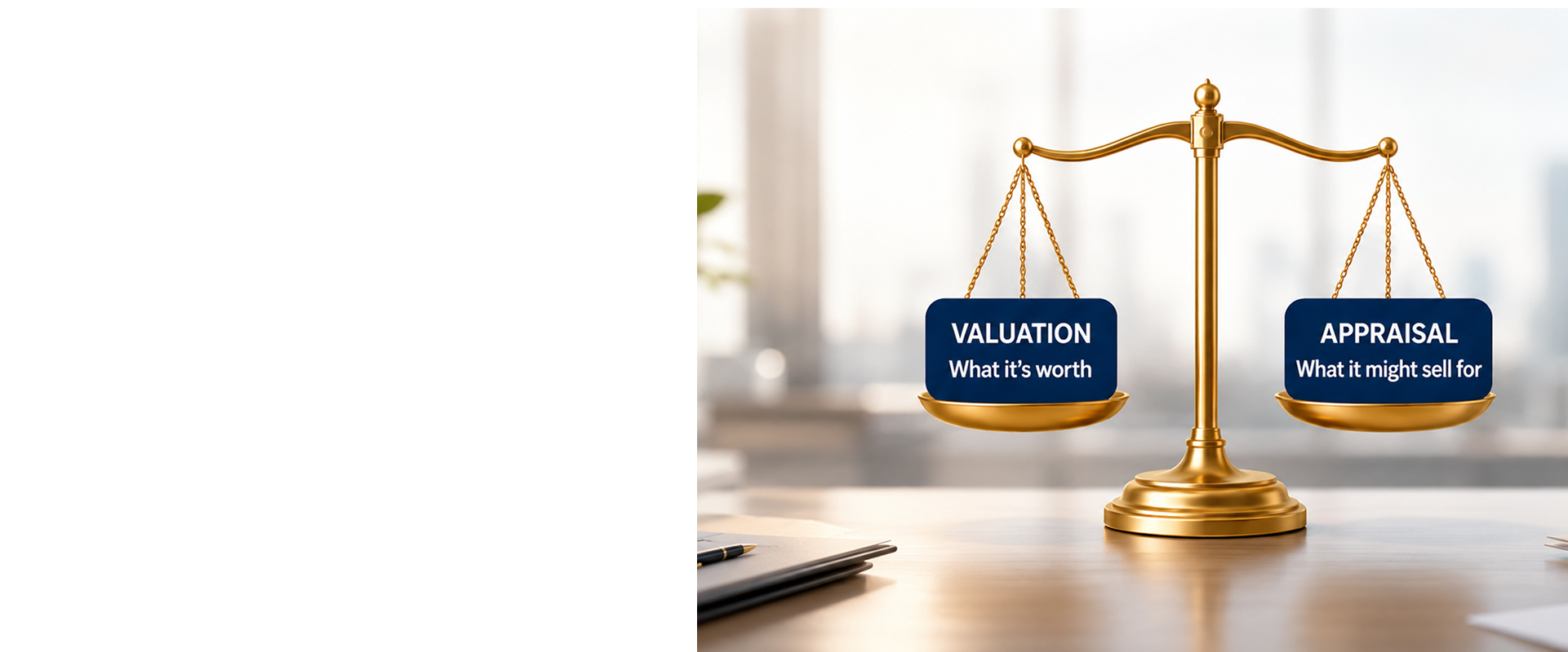 Scales weighing an independent business valuation against a broker sale appraisal