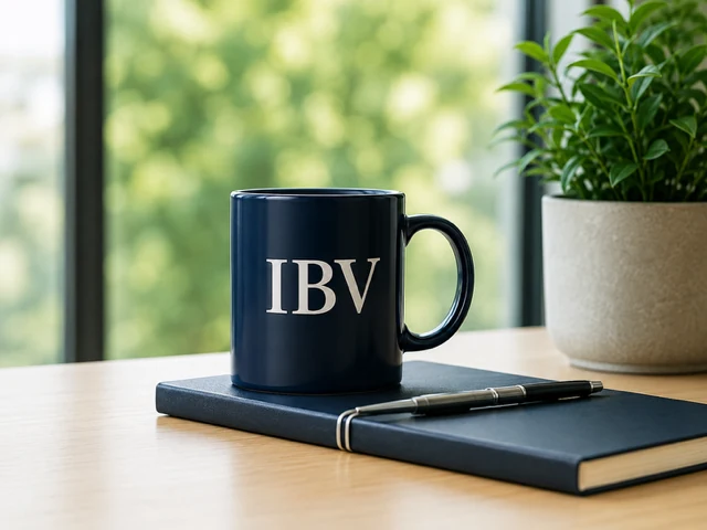 IBV-branded mug, notebook and pen in a light-filled office