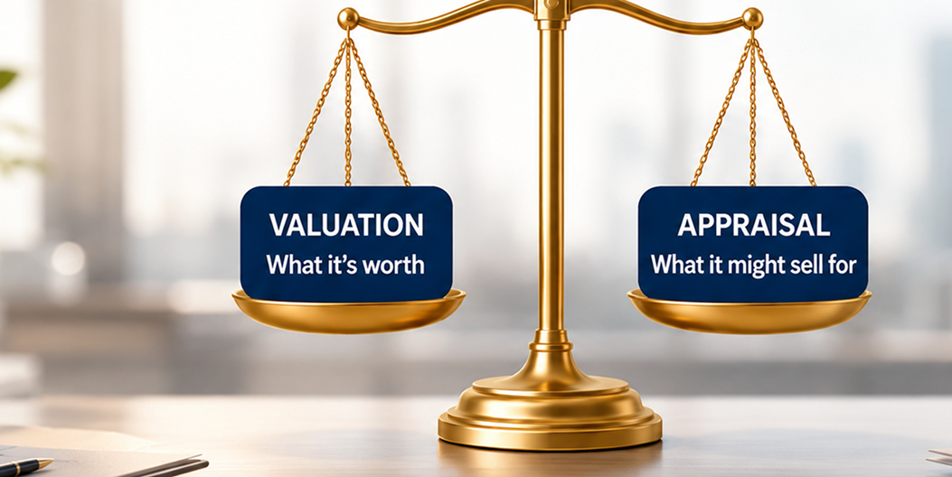 Scales weighing an independent business valuation against a broker sale appraisal