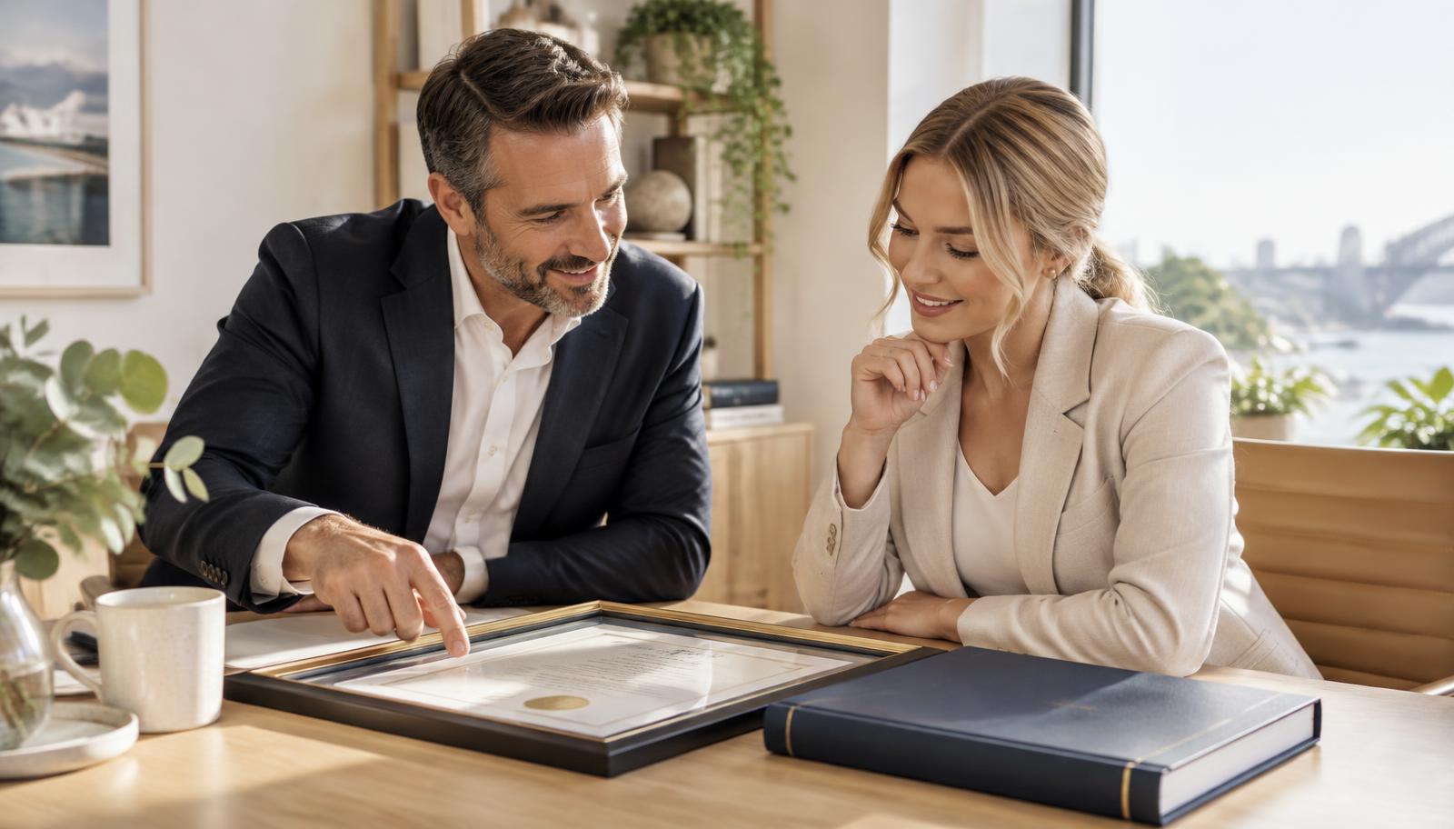 Illustrative business owner and Certified Business Valuer reviewing a framed professional credential beside a navy valuation report