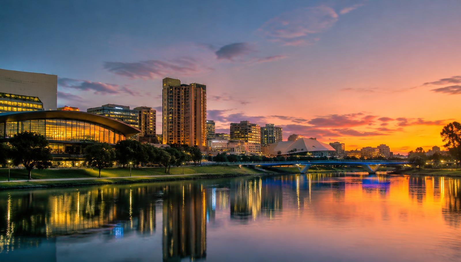 Adelaide city skyline over the River Torrens — illustrative city image