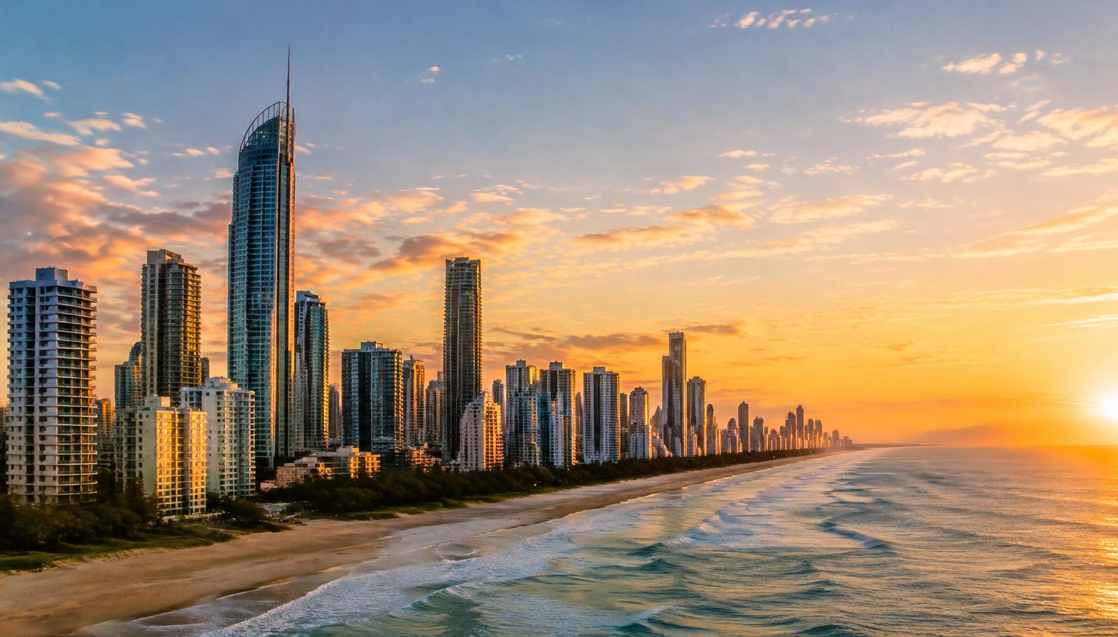 Gold Coast skyline and beach at sunrise — illustrative city image
