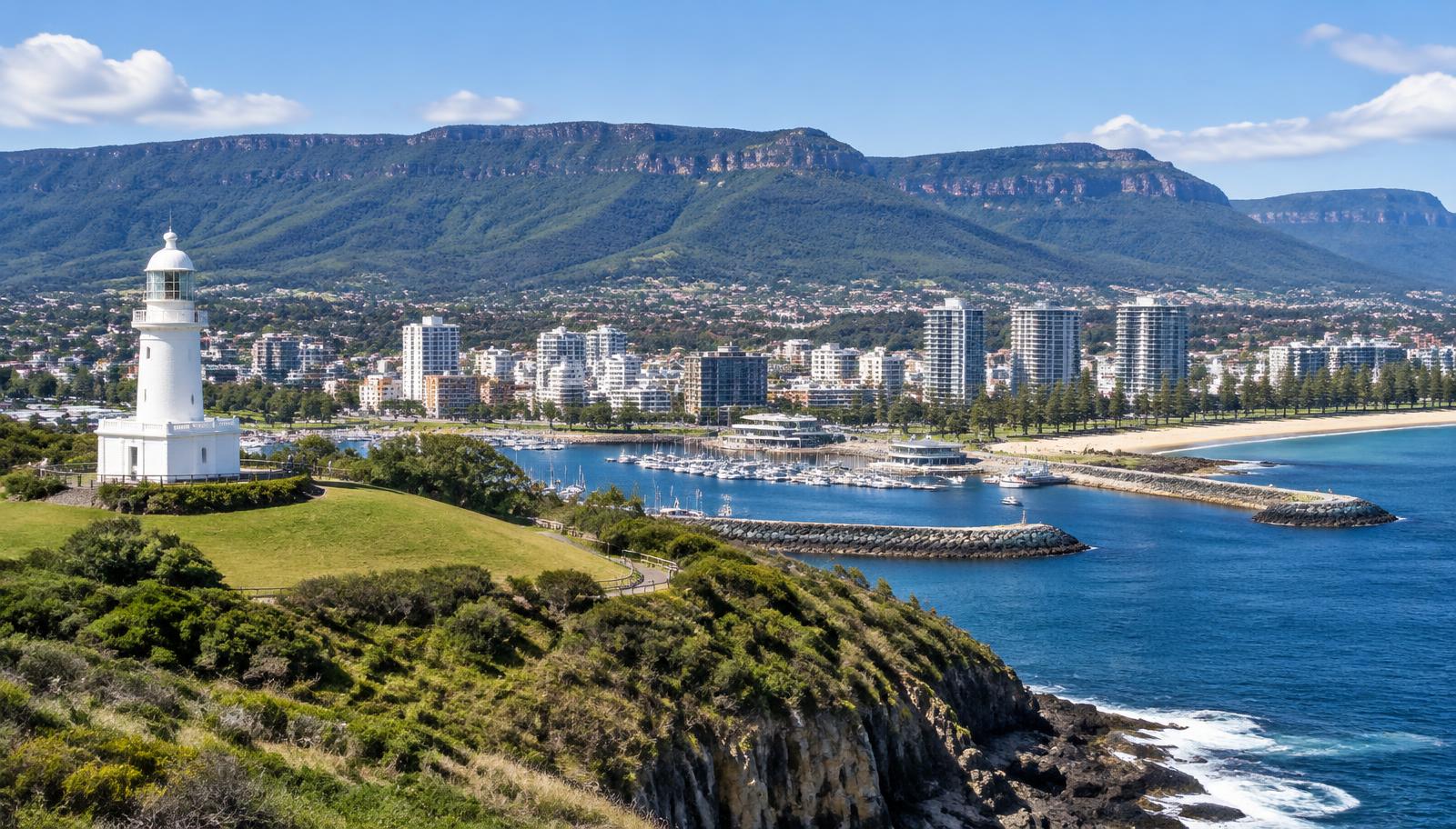 Wollongong lighthouse, harbour and Illawarra escarpment — illustrative city image