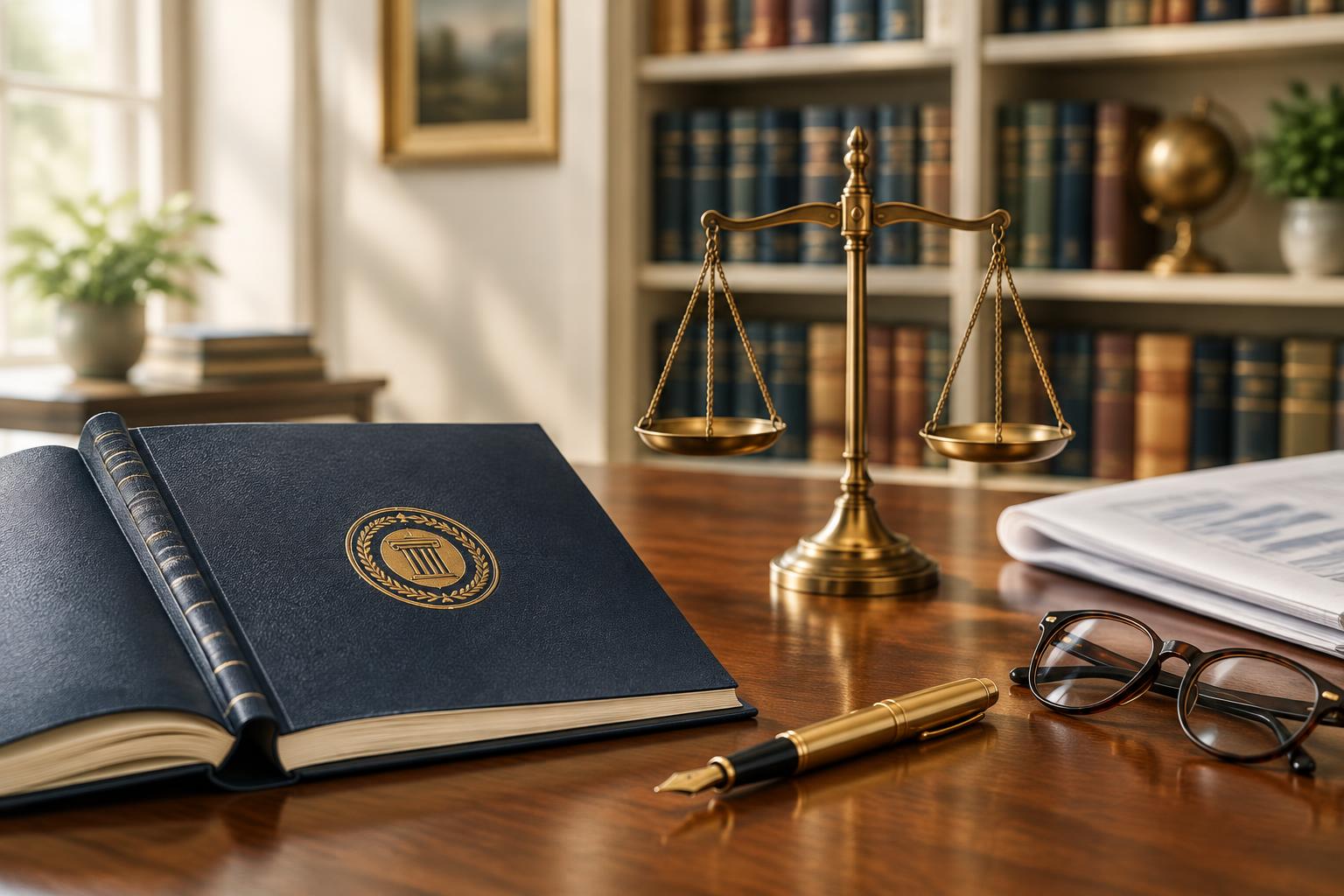 A navy bound valuation standard with a gold seal, a balanced brass scale, a gold fountain pen and reading glasses on a polished timber desk