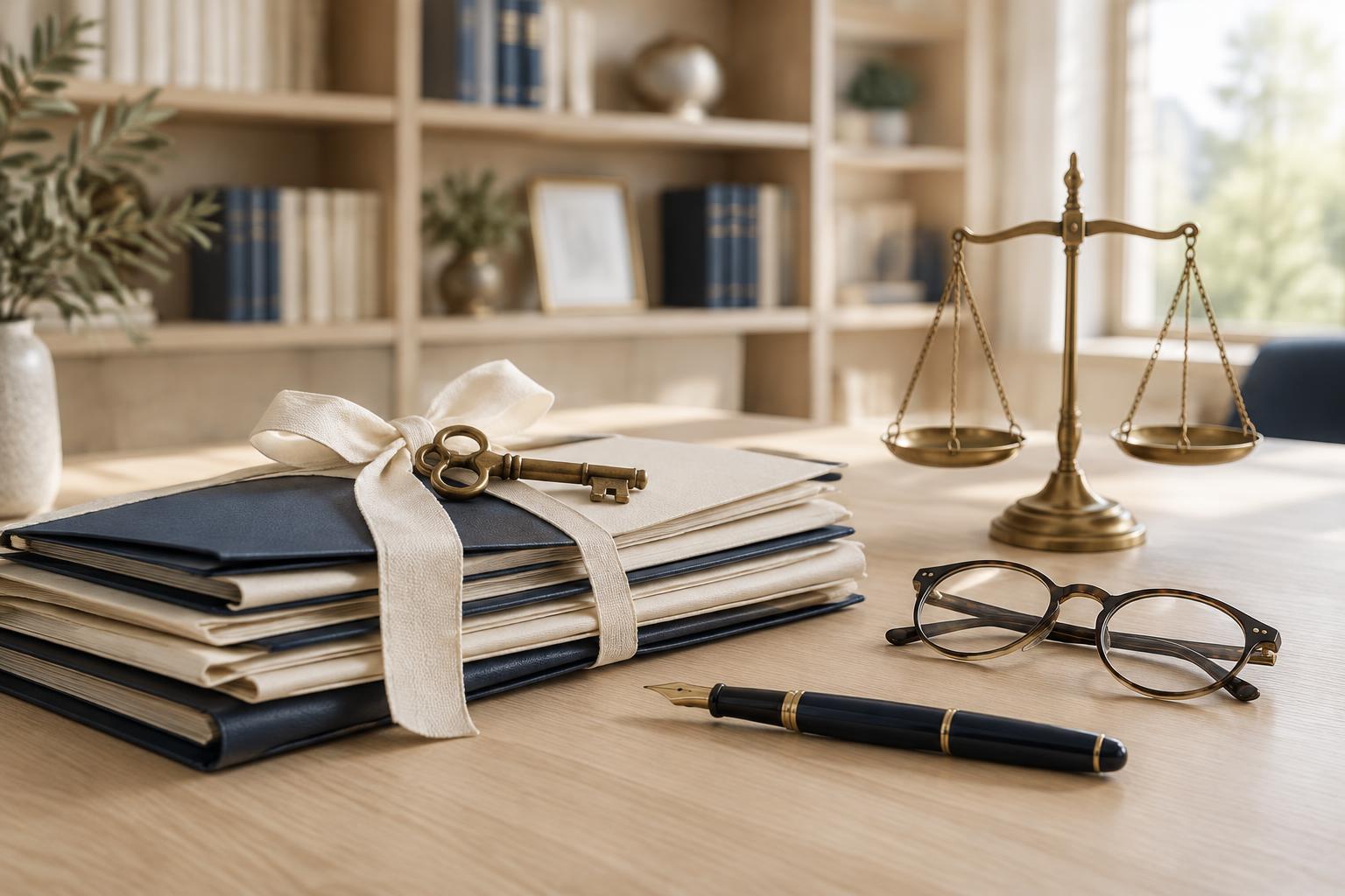 Document folders tied with a ribbon and an antique brass key, reading glasses, a fountain pen and brass scales on a pale oak desk before a bright library bookshelf