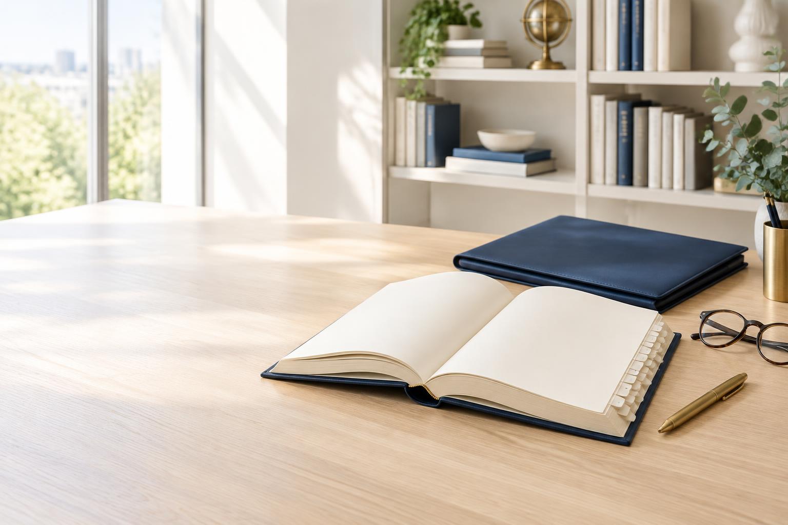 Open indexed reference book with a navy folder, reading glasses and brass pen on a sunlit library desk