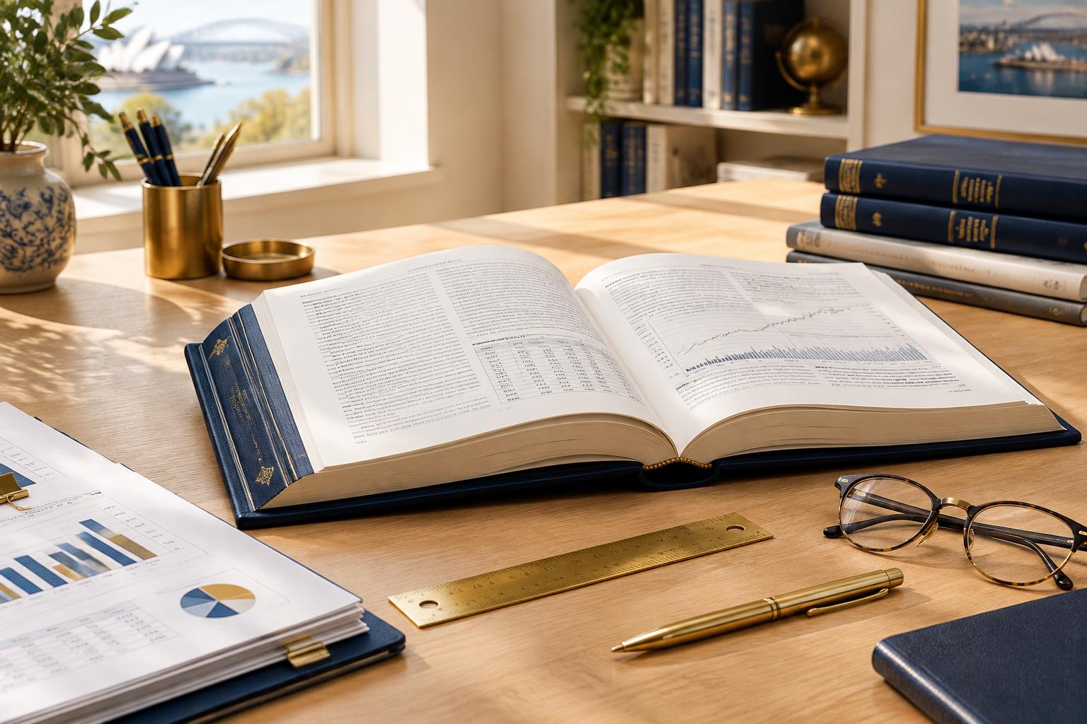 A large open reference volume with financial tables beside a brass ruler, gold pen and reading glasses on a bright library desk
