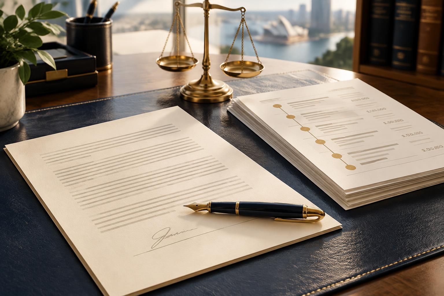 A signed contract with a fountain pen on the signature line beside a brass balance scale and milestone payment schedule pages on a navy leather desk