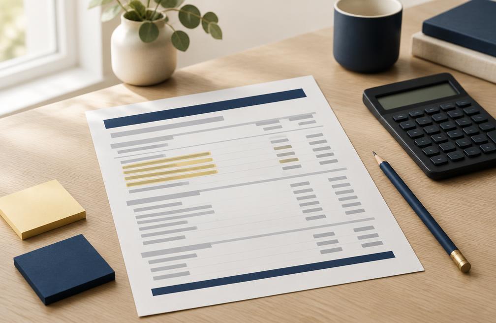Printed profit and loss statement with highlighted expense lines beside a calculator on a pale timber desk