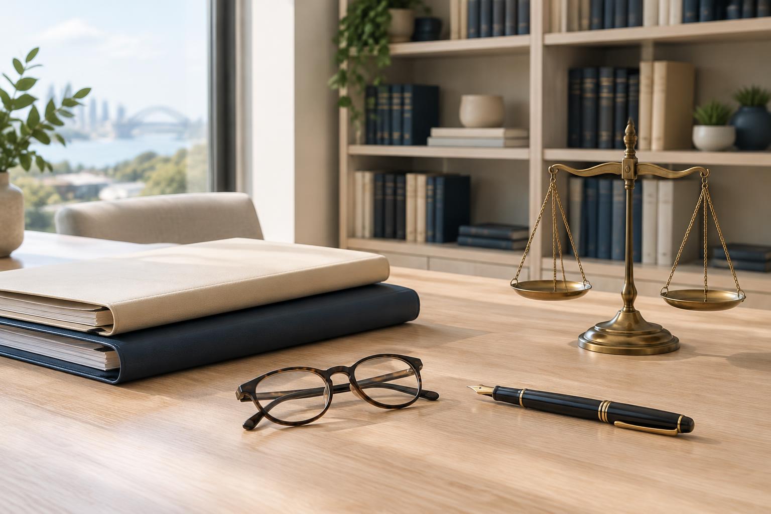 A pale oak desk with two document folders, reading glasses, a fountain pen and balanced brass scales beside a bright library bookshelf