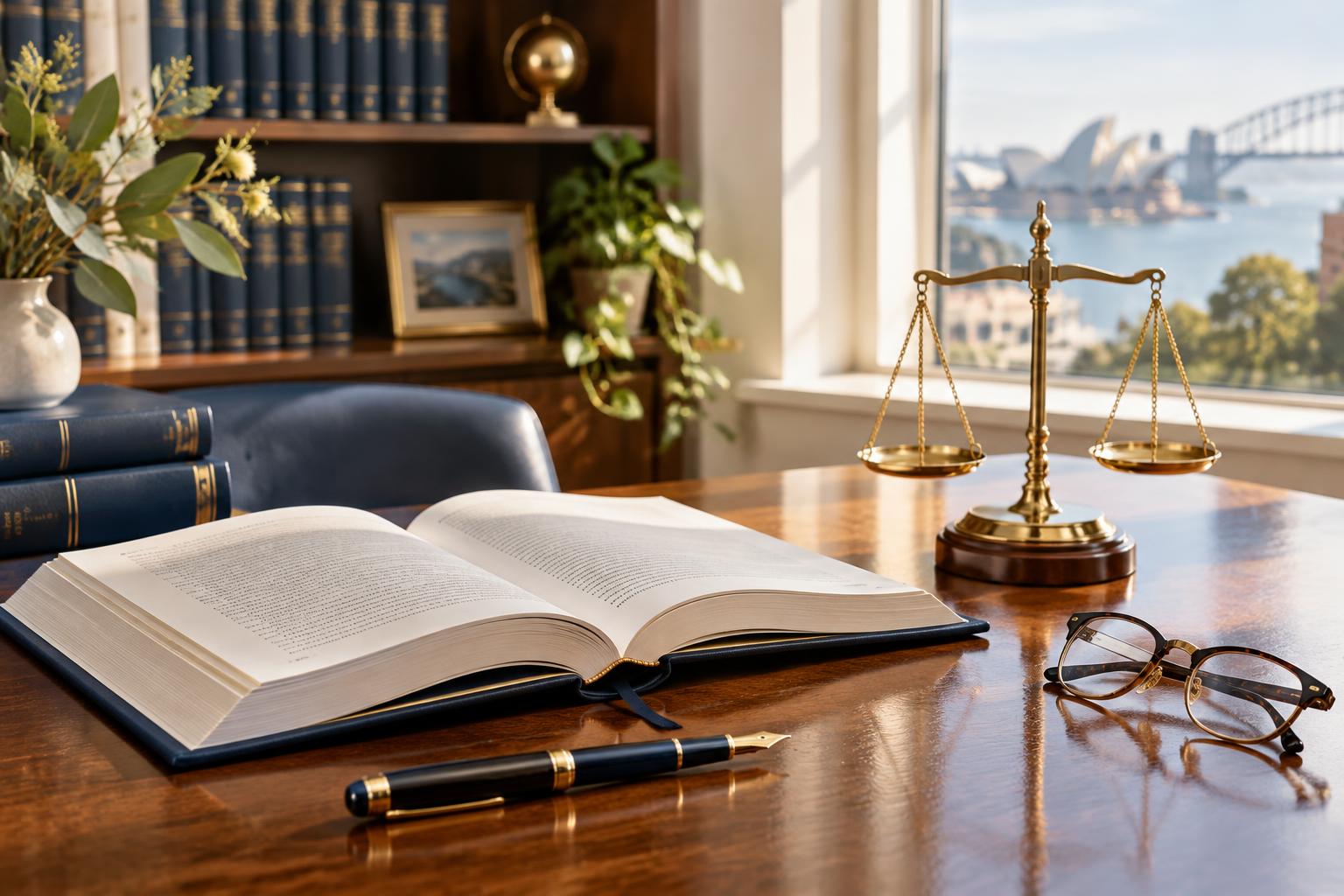 An open professional standards handbook beside a brass balance scale, gold fountain pen and reading glasses on a polished timber desk