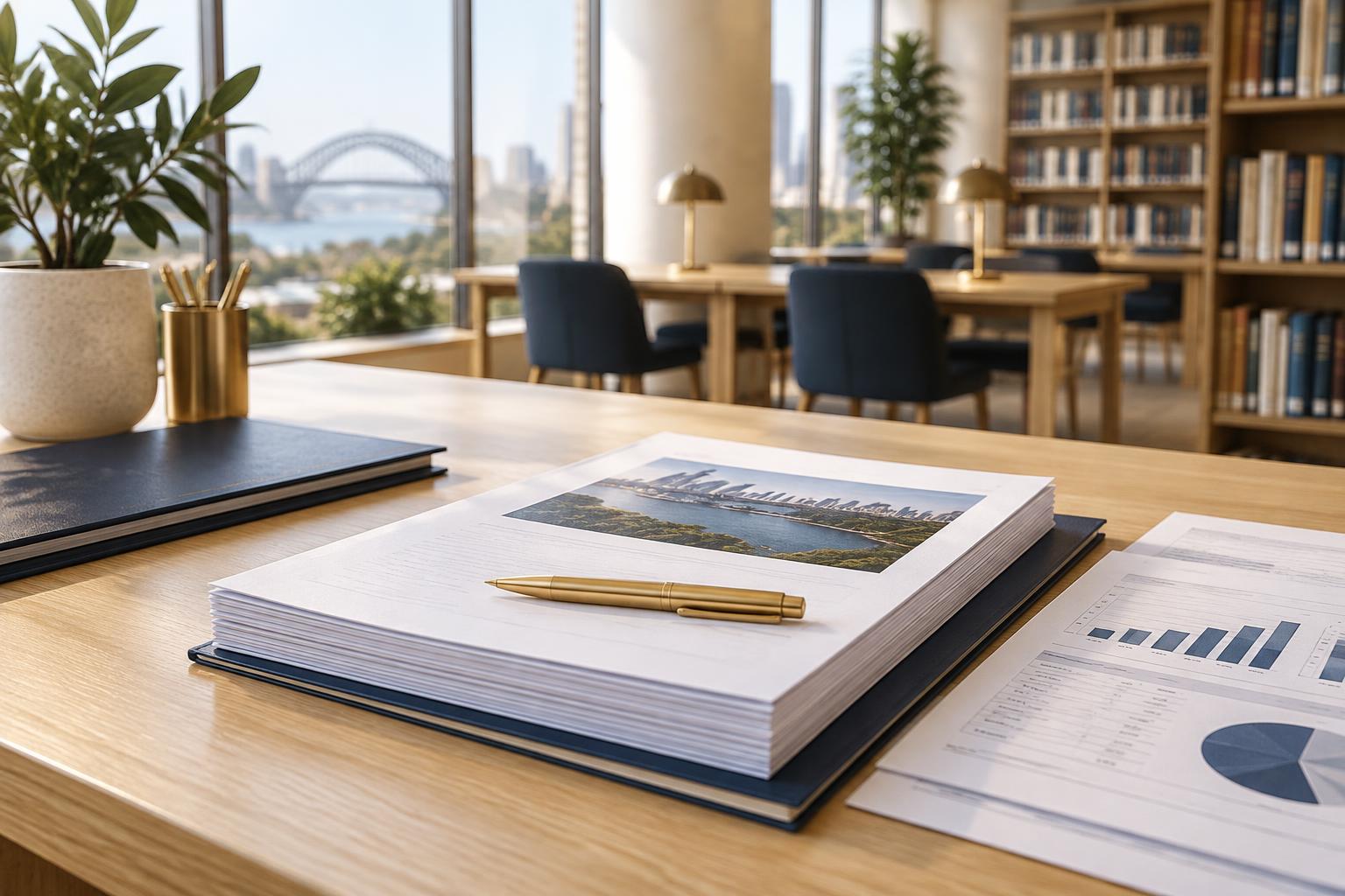 A business sale information memorandum and financial statements with a gold pen on a pale oak desk in a bright modern library