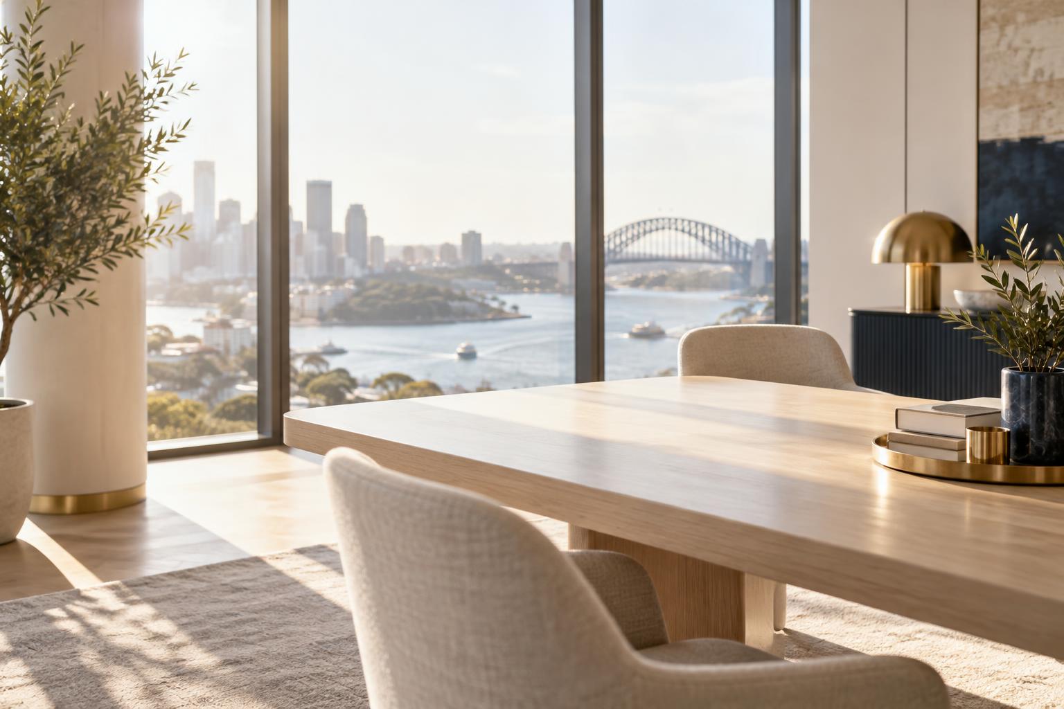 Sunlit meeting room with floor-to-ceiling windows looking across Sydney Harbour