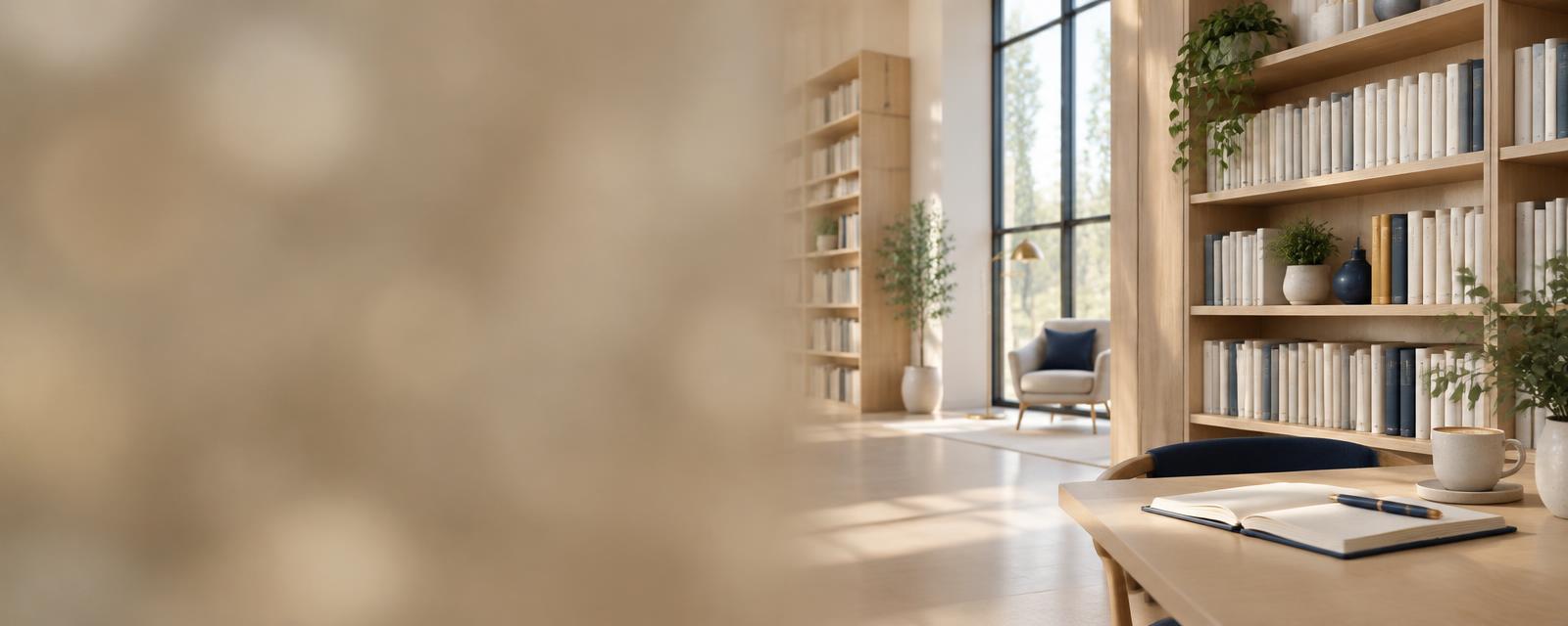 Bright modern library reading room with pale timber shelving and daylight