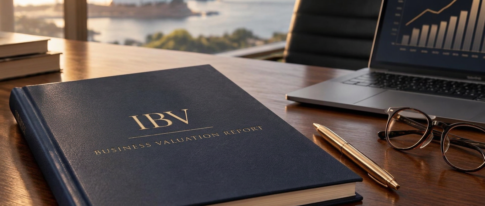 An IBV business valuation report in navy with gold foil lettering on a walnut desk overlooking Sydney Harbour