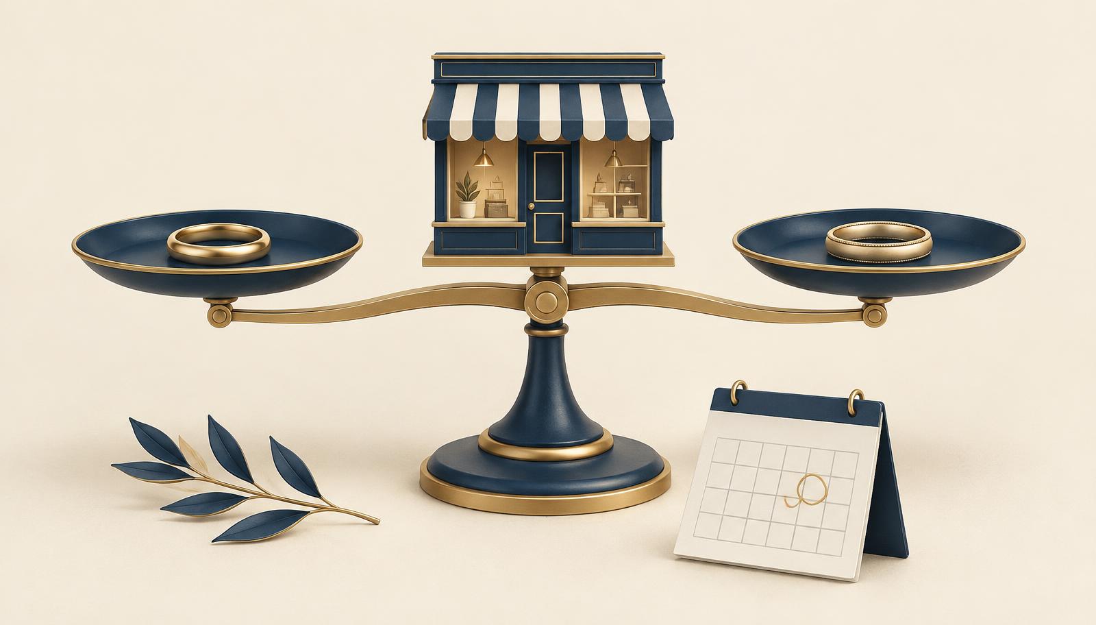 Illustrative small business model on a balance scale between two separated rings, with a calendar marking a date