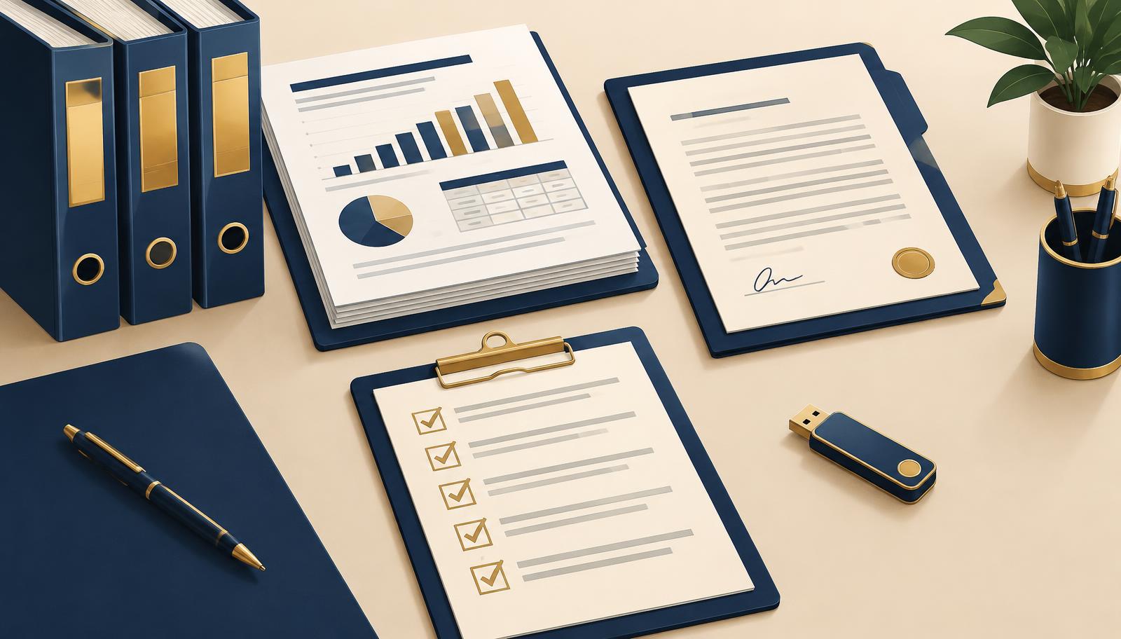 Illustrative organised folders, financial statements, a lease and a checklist with gold ticks on a desk